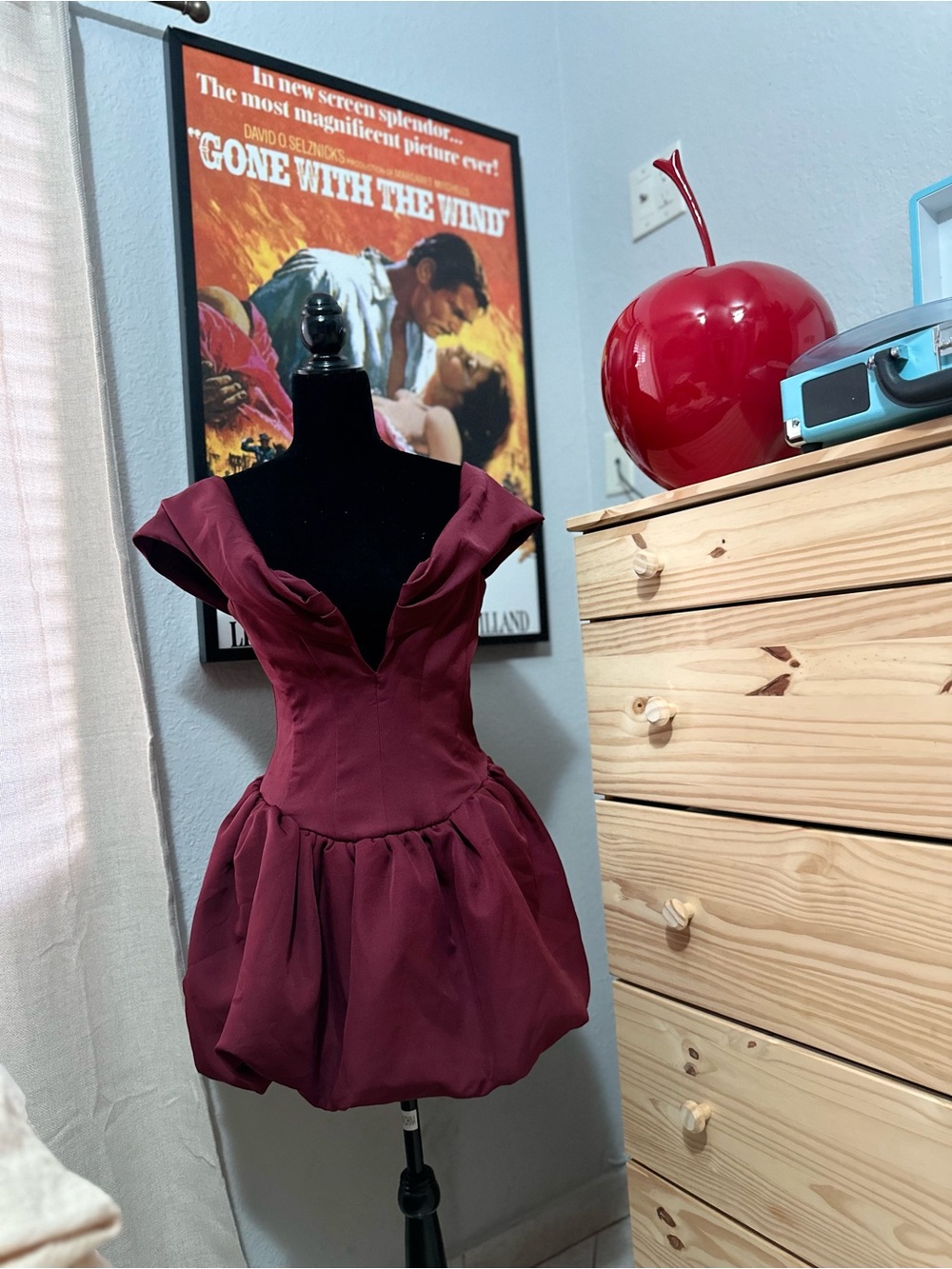 Women's Wine Red V-Neck Mini Dress with Bubble Skirt
